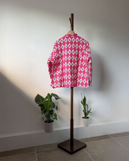 Reversible Quilted Cotton Jacket - Pink Diamond Block Print