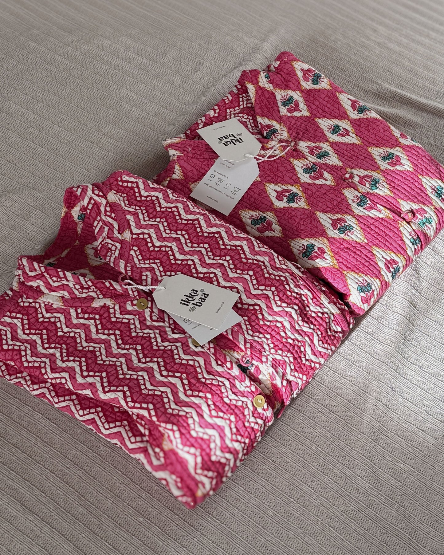 Reversible Quilted Cotton Jacket - Pink Diamond Block Print