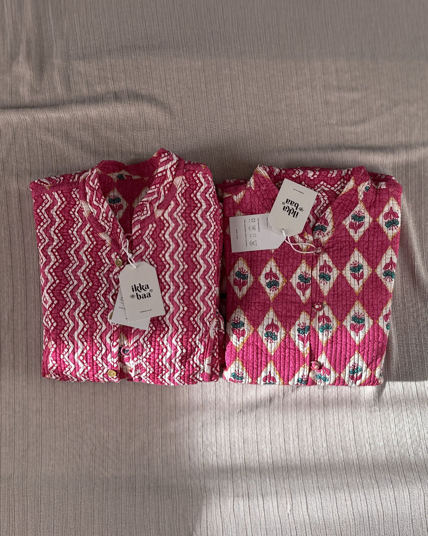 Reversible Quilted Cotton Jacket - Pink Diamond Block Print