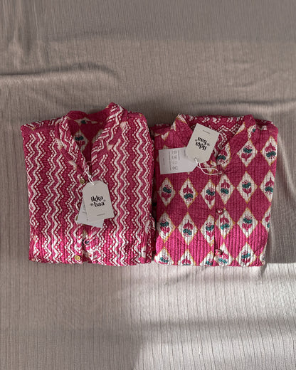 Reversible Quilted Cotton Jacket - Pink Diamond Block Print