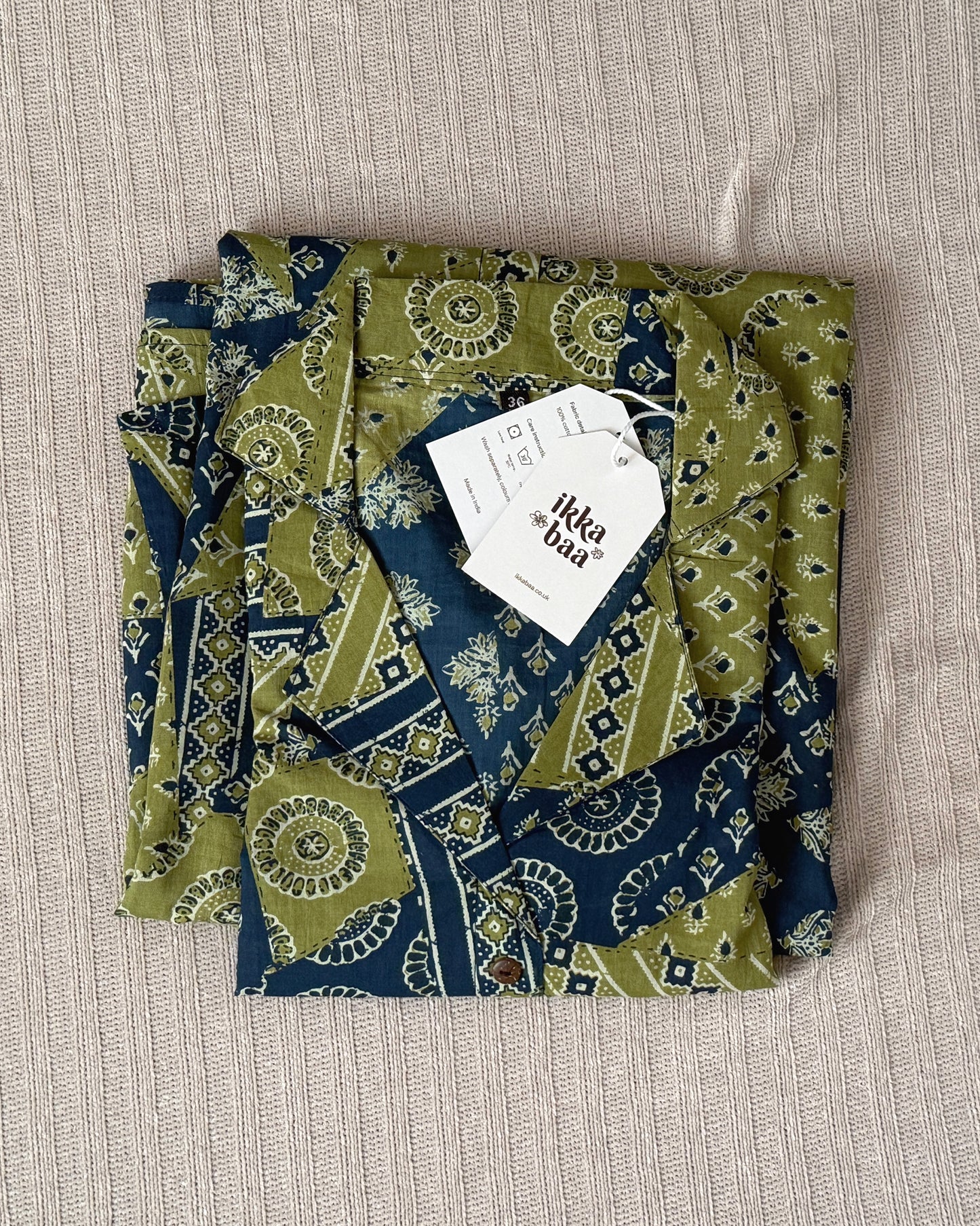 Cotton Shirt Midi Dress - Blue and Olive Block Print