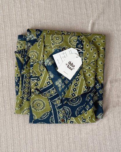 Cotton Shirt Midi Dress - Blue and Olive Block Print