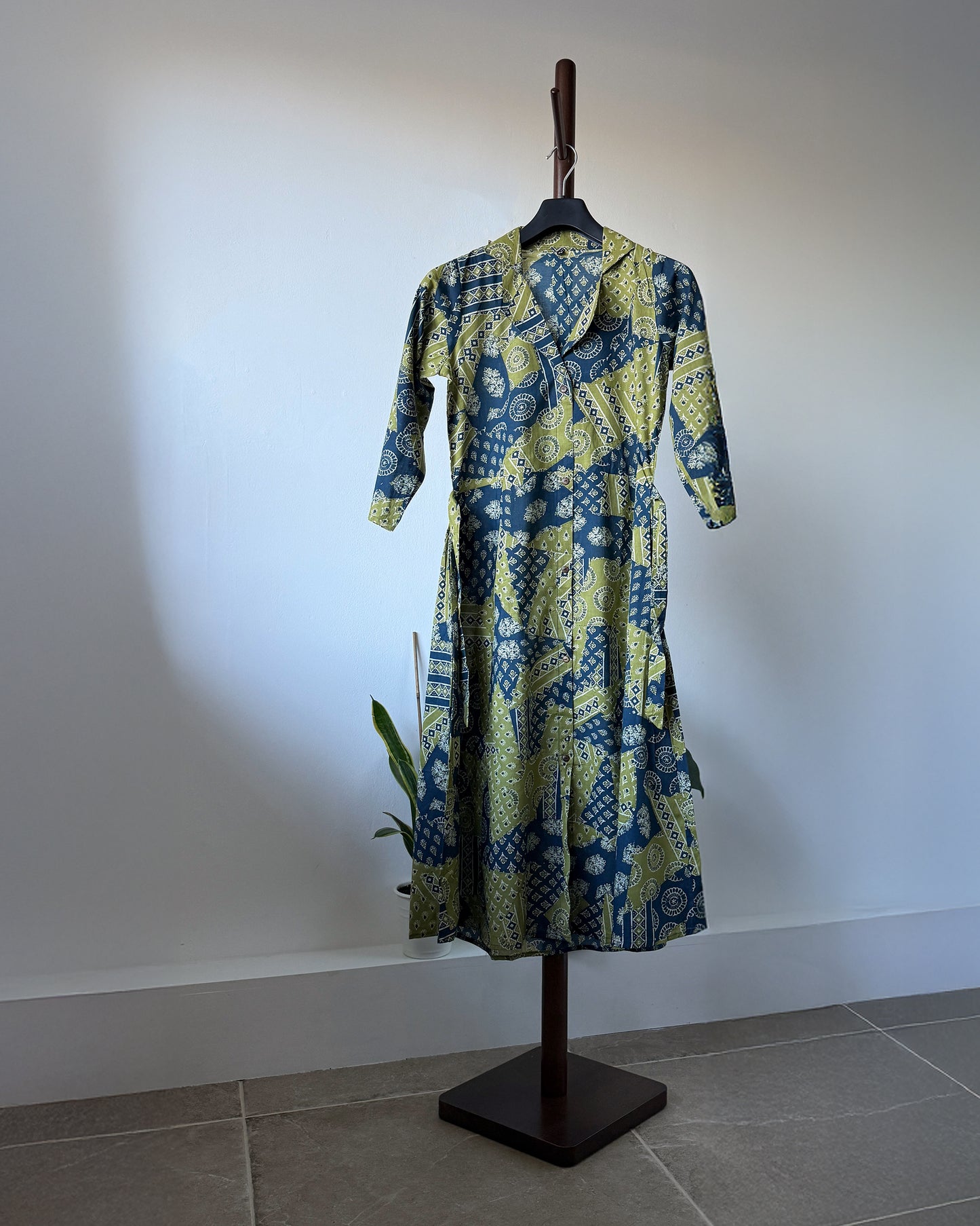 Cotton Shirt Midi Dress - Blue and Olive Block Print