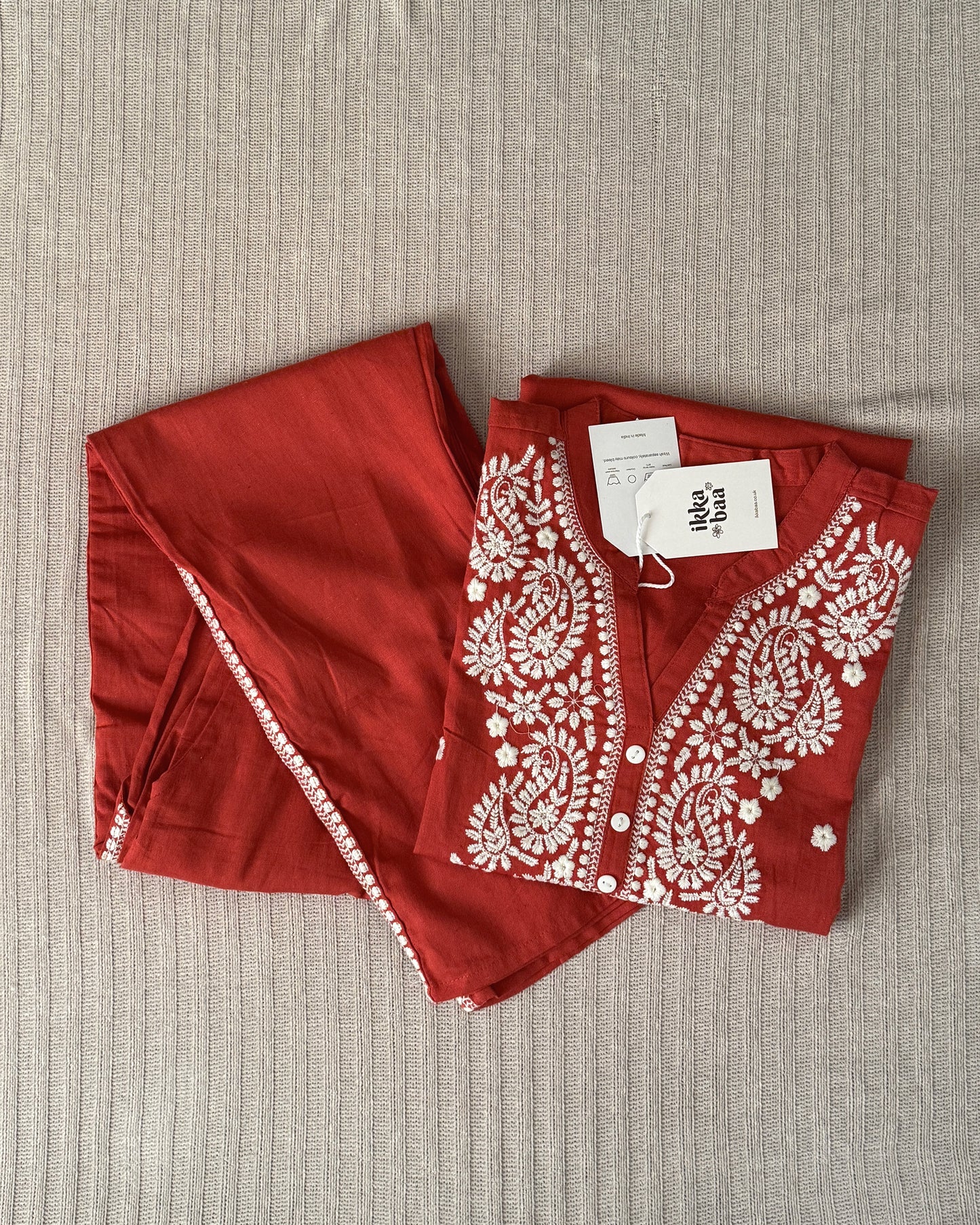 Embroidered Cotton Co-ord Set - Rust Red with White Threadwork