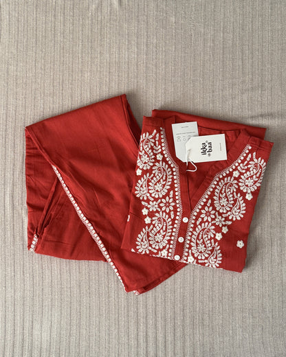 Embroidered Cotton Co-ord Set - Rust Red with White Threadwork