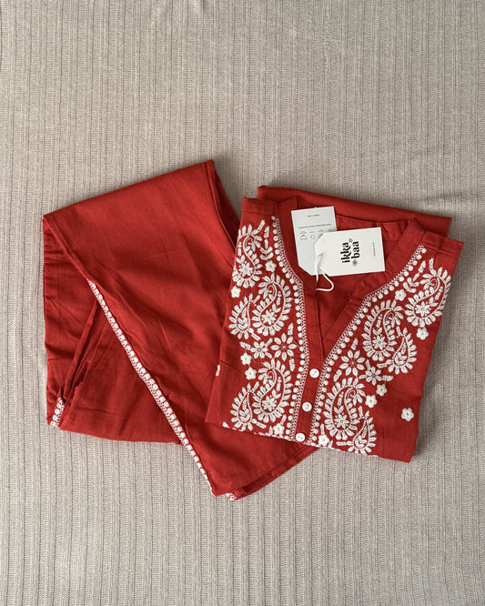 Embroidered Cotton Co-ord Set - Rust Red with White Threadwork