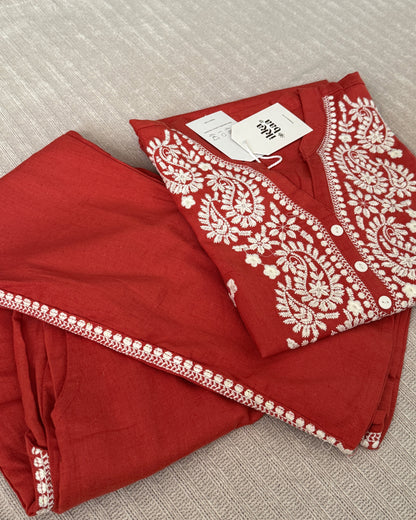 Embroidered Cotton Co-ord Set - Rust Red with White Threadwork