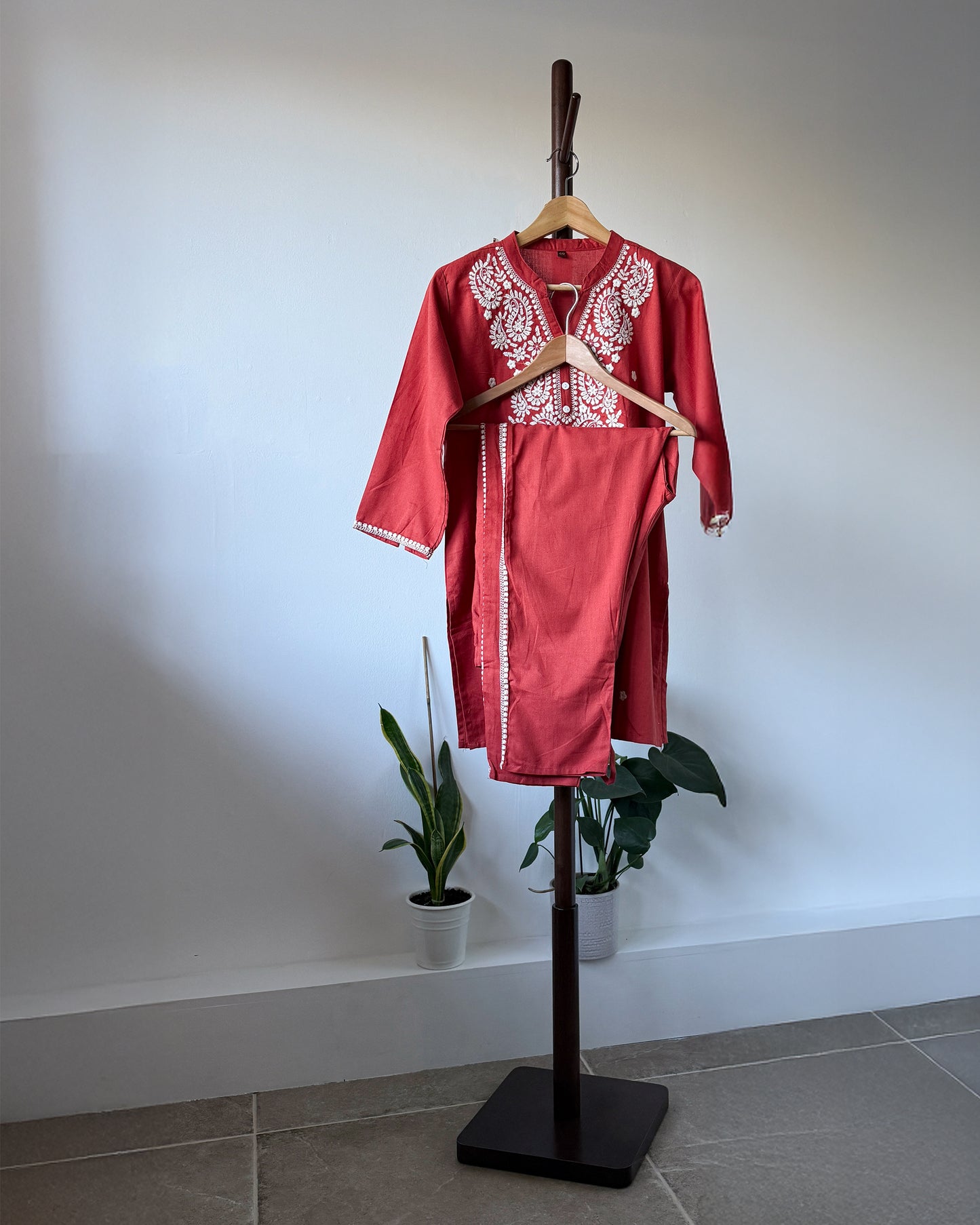 Embroidered Cotton Co-ord Set - Rust Red with White Threadwork