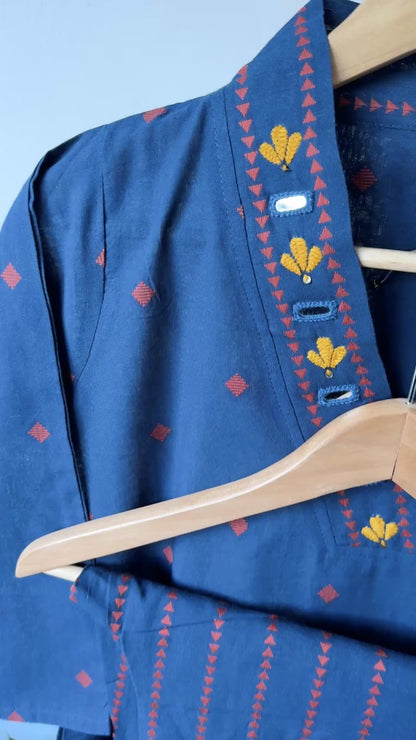 Embroidered Cotton Kurta Set - Navy Blue with Mirror work