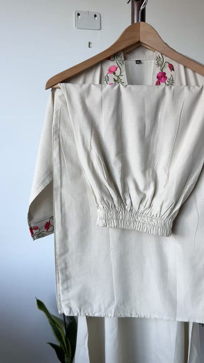 Embroidered Cotton Kurta Set - Beige with Pink Floral Detailing