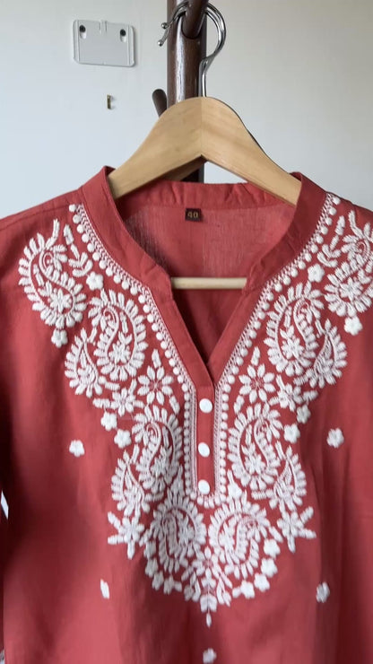 Embroidered Cotton Co-ord Set - Rust Red with White Threadwork