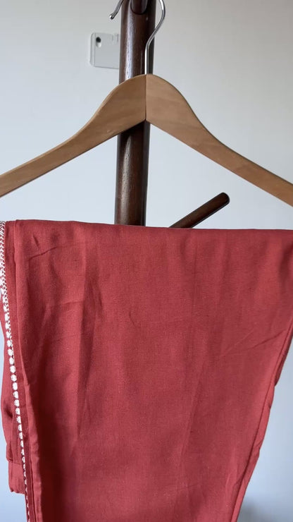 Embroidered Cotton Co-ord Set - Rust Red with White Threadwork