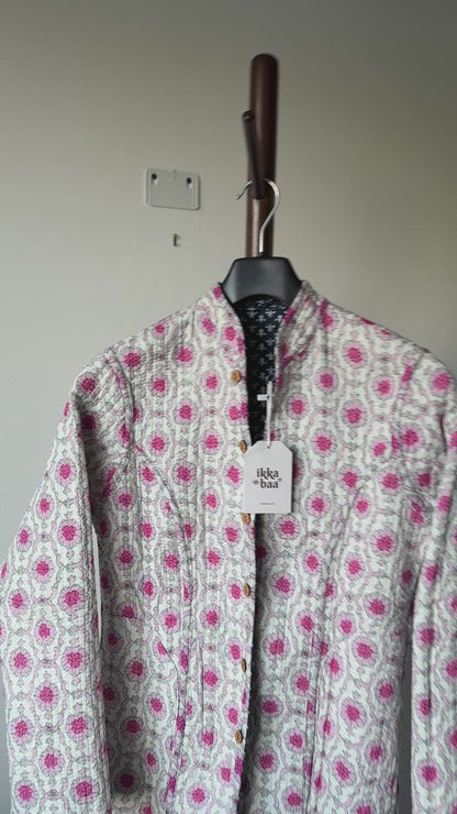 Reversible Quilted Cotton Jacket - Navy and Pink Block Print