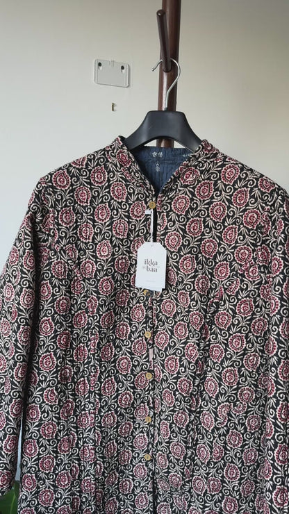 Reversible Quilted Cotton Jacket - Black and Red Block Print