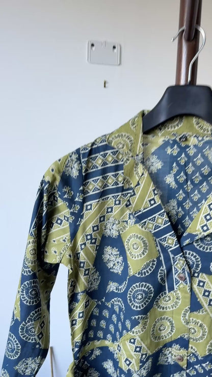 Cotton Shirt Midi Dress - Blue and Olive Block Print