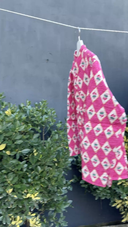 Reversible Quilted Cotton Jacket - Pink Diamond Block Print